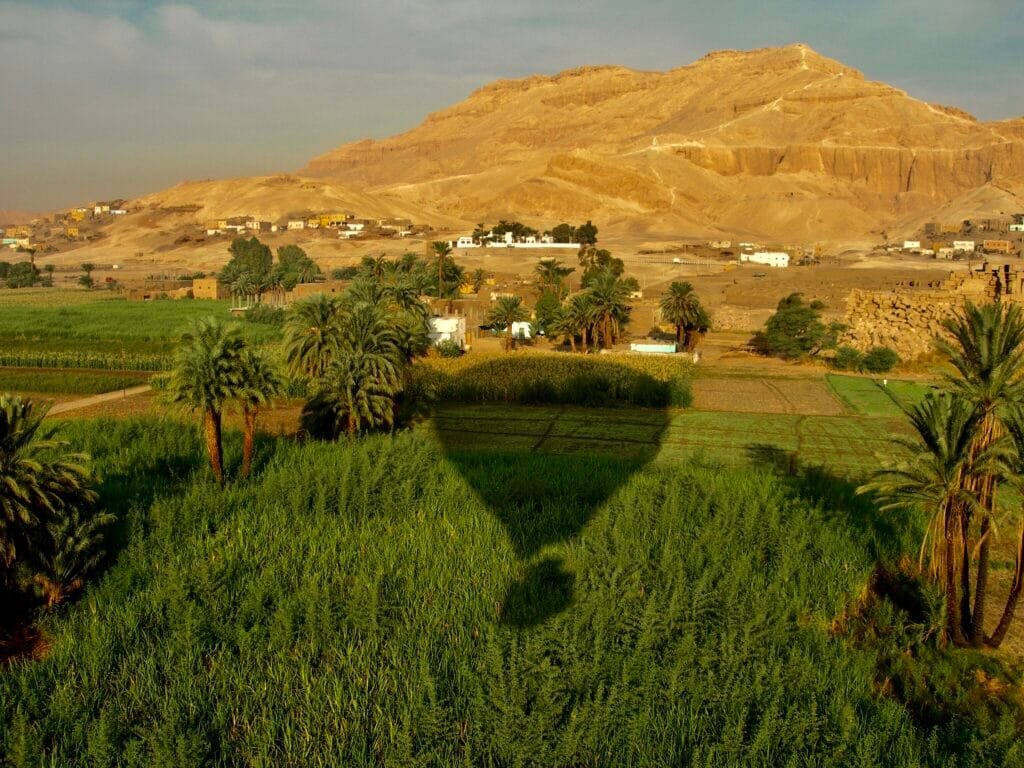 ballon a air chaud au dessus du champ vert