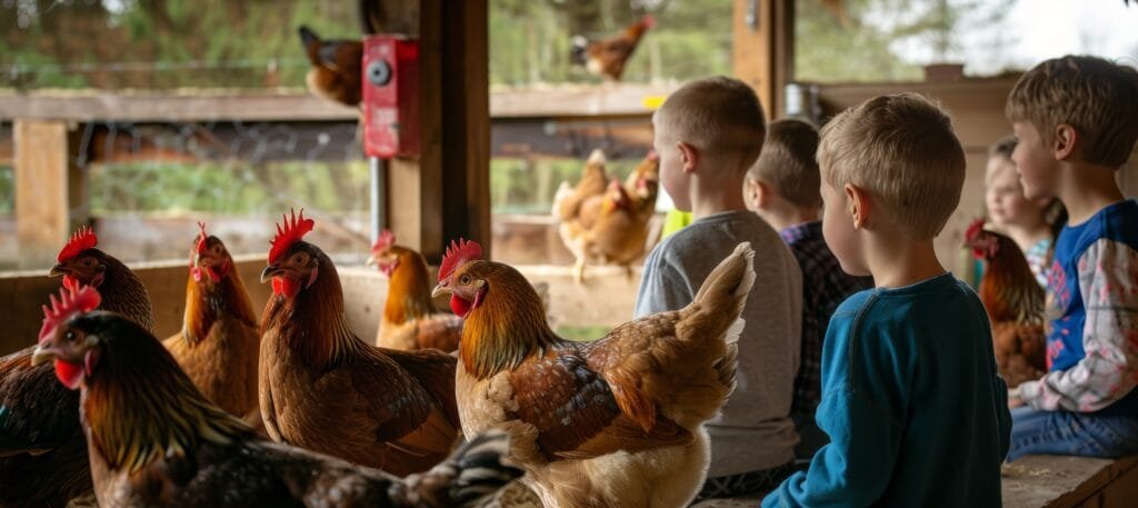 des ecoliers observent des poulets a la ferme visite pour une lecon educative de production d oeufs