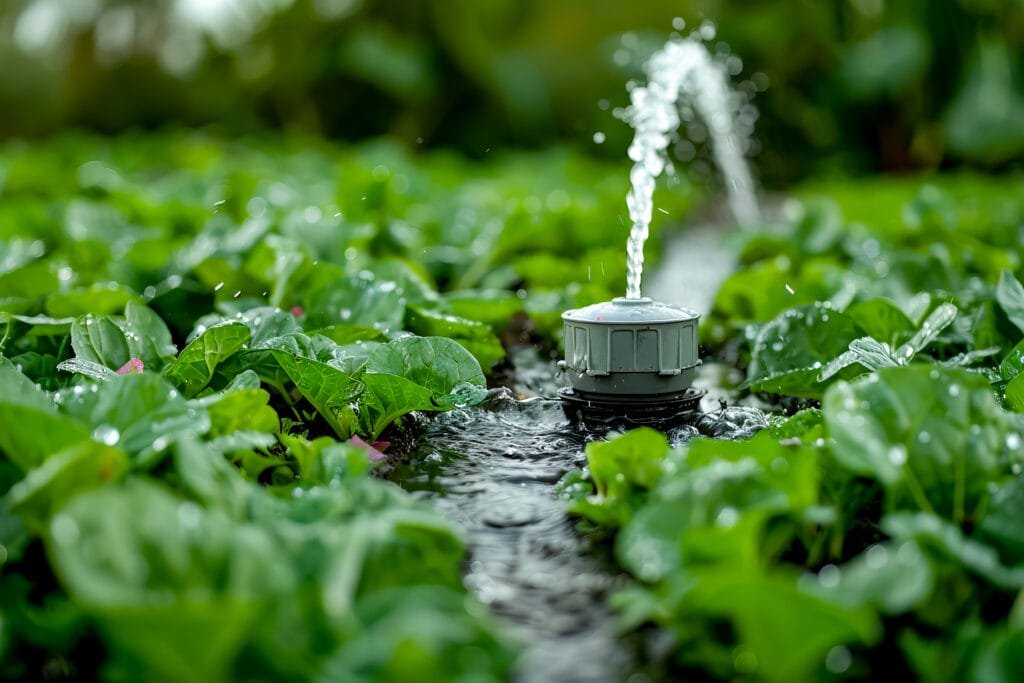 l arroseur repand de l eau sur les plantes du jardin