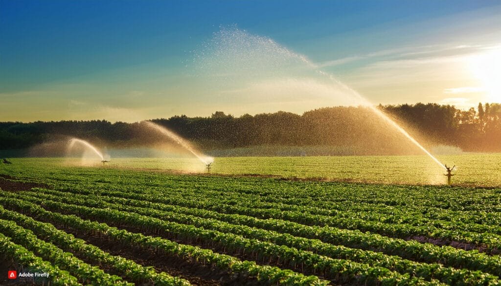 un champ de plantes vertes etant arrose par des saupoudres