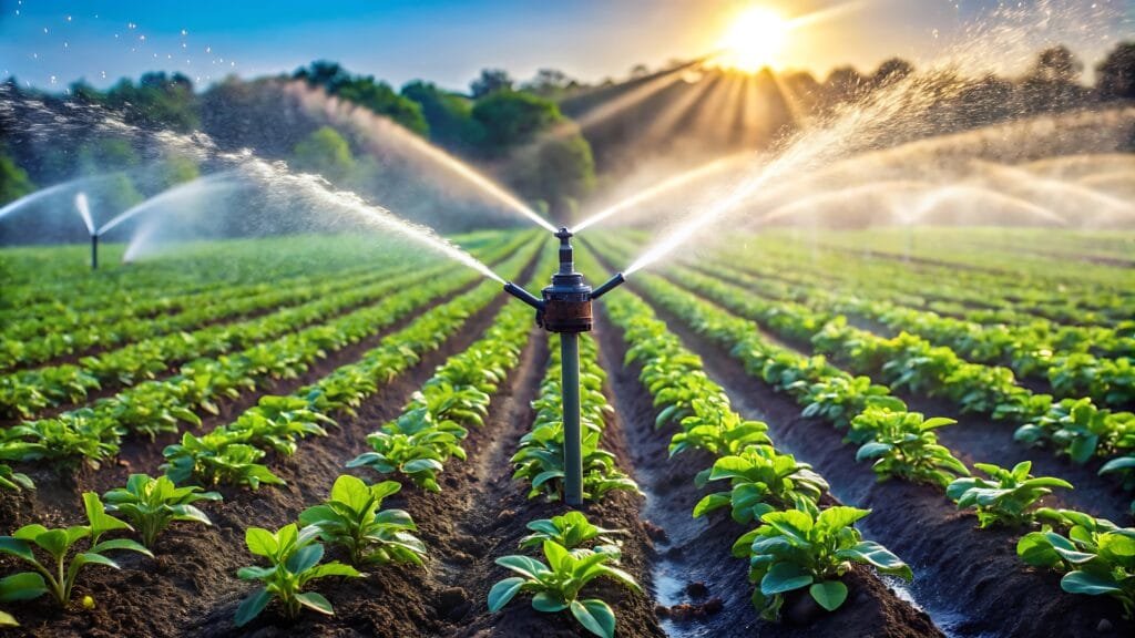 sprinkler watering field lettuce